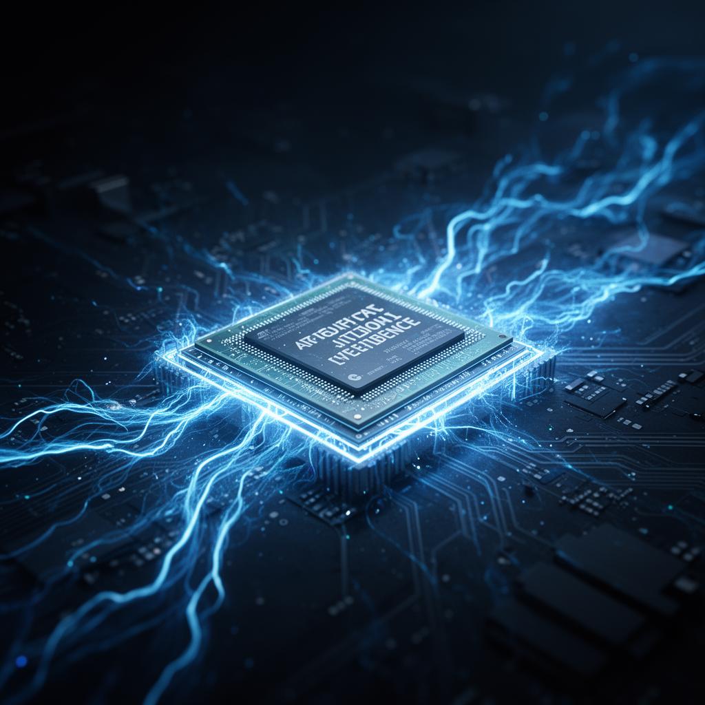 AI processor chip surrounded by electric blue energy representing AI electricity use