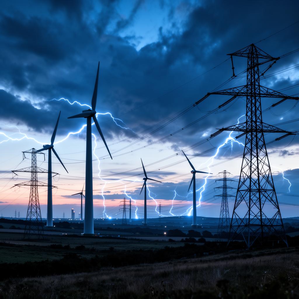 Wind turbines and pylons under a dramatic stormy sky representing future energy scenarios