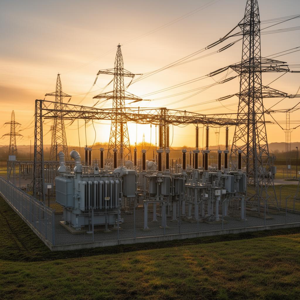 UK electricity substation with transformers and pylons at golden hour